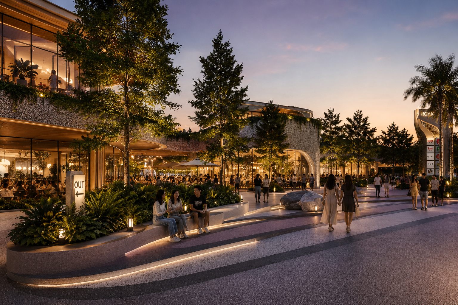 Outdoor dining and social terrace at dusk with illuminated storefronts and a tenant directory pylon