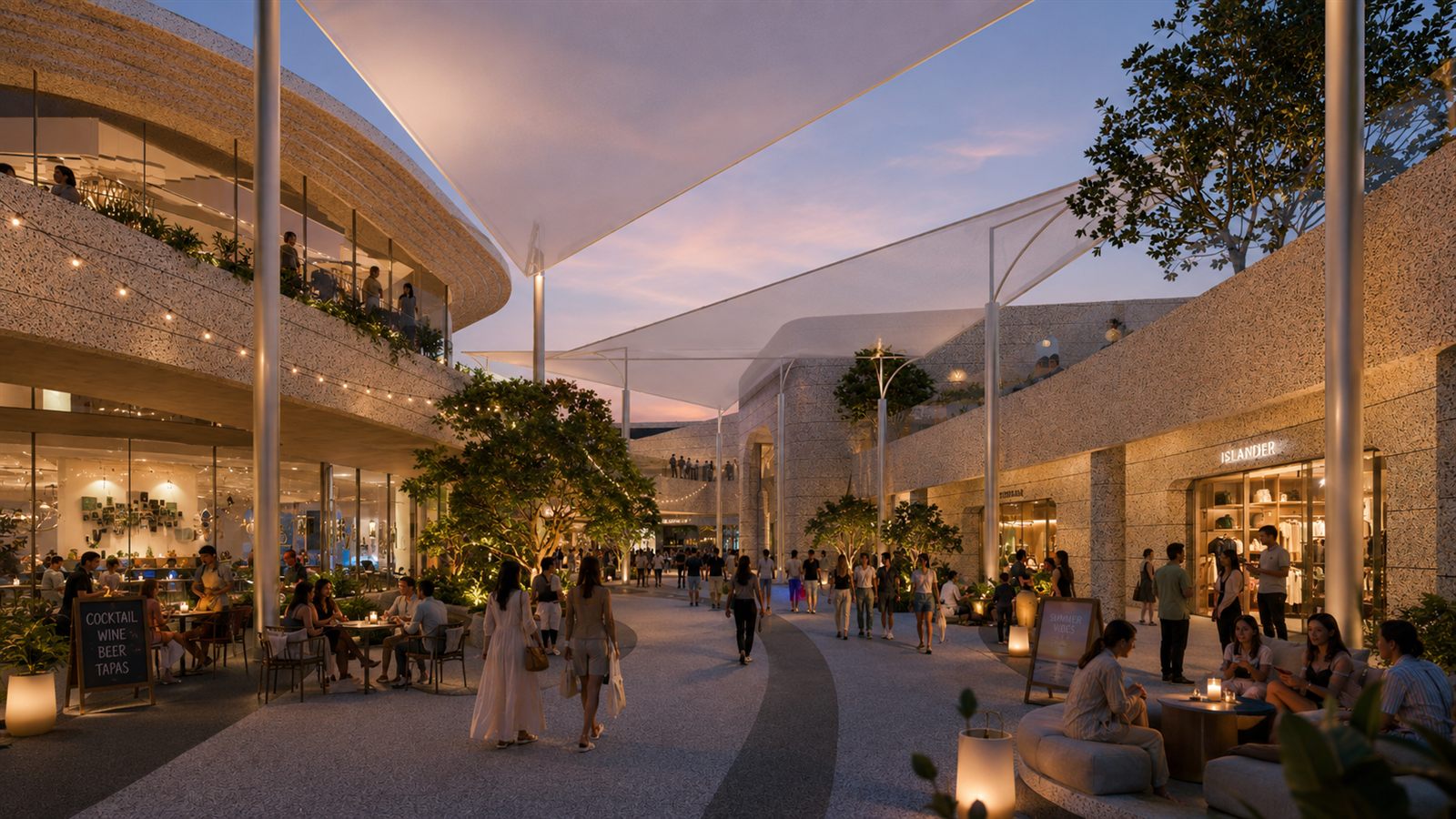 Open-air pedestrian retail street at dusk with two-storey shops, tensile shade canopies, string lights and outdoor dining