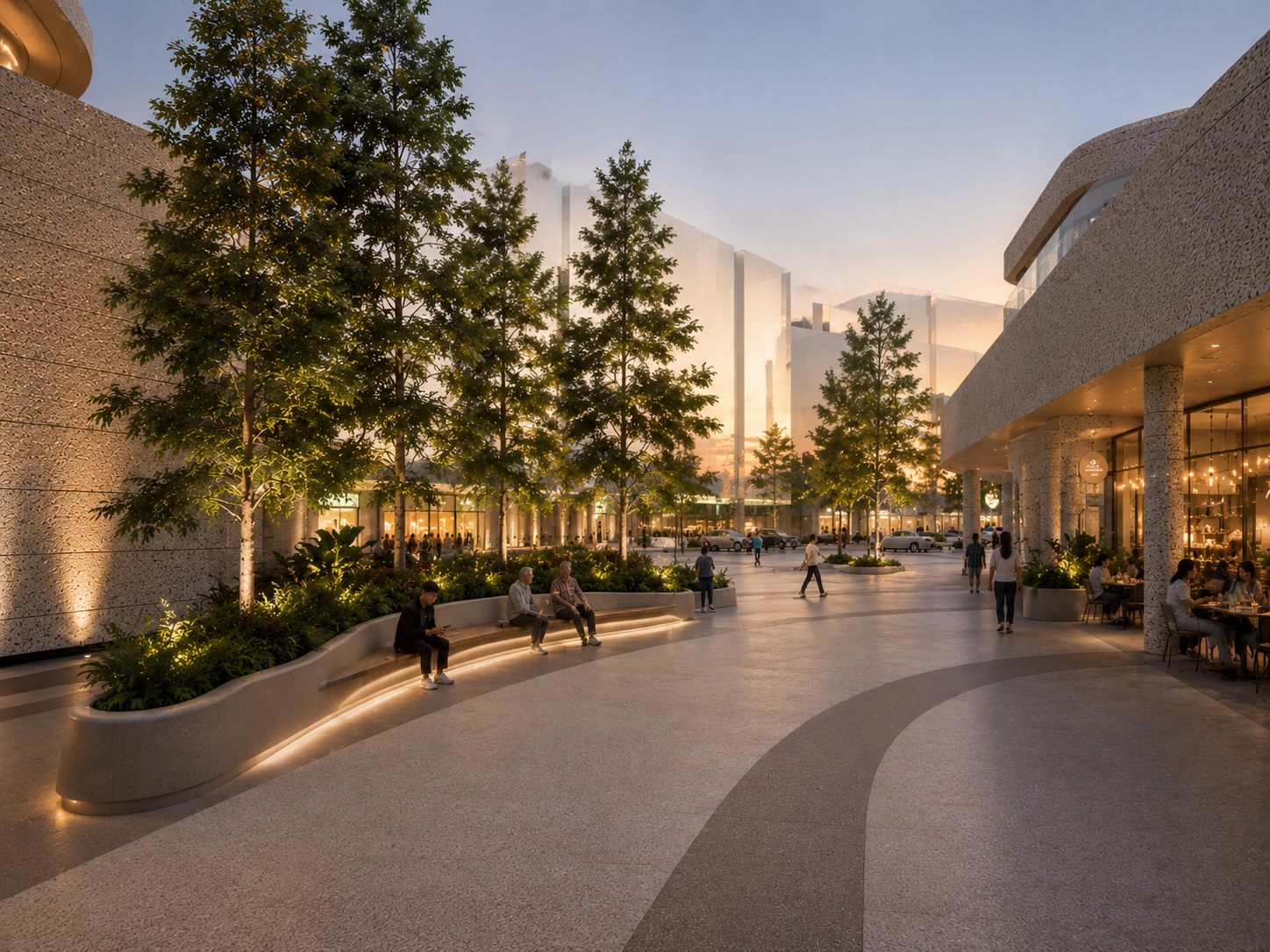 Landscaped public plaza with trees, curved built-in seating and a cafe terrace at dusk