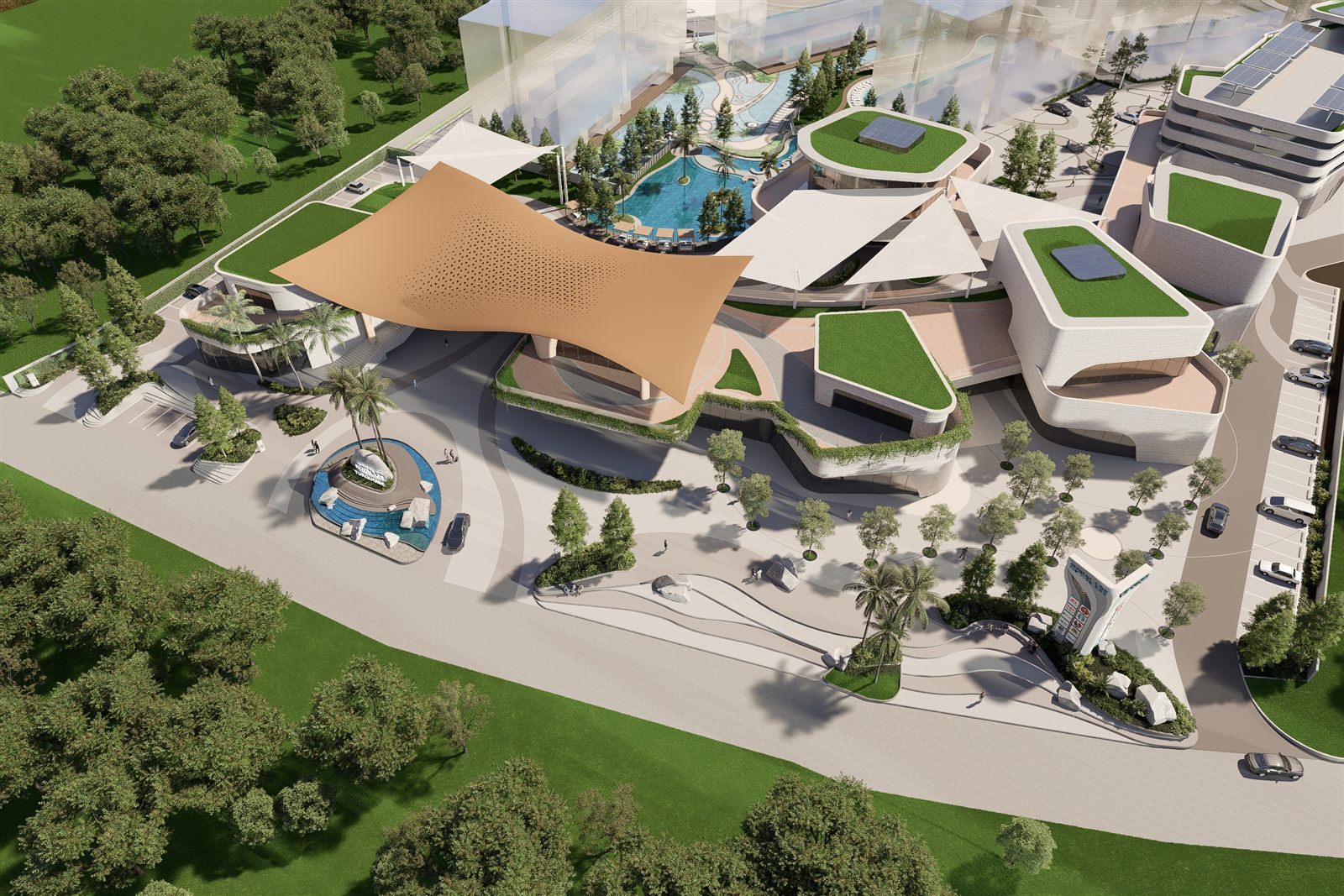 Aerial site-plan view showing the canopy roof, green roofs with solar panels, pool and entrance fountain
